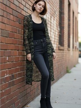 Camo Sheer Long Duster Cardigan - Olive/Black